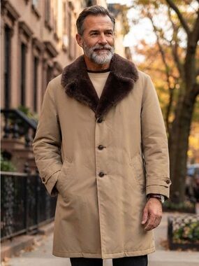 VTG 70s Woolrich Northern Goose Down Mouton Fur Collar Trench Coat Khaki 42